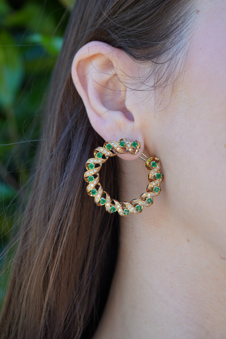 Vintage Asprey & Co. 18k Gold Diamond Emerald Circular Earrings