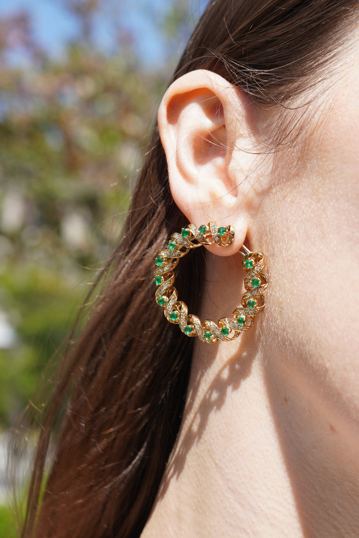 Vintage Asprey & Co. 18k Gold Diamond Emerald Circular Earrings
