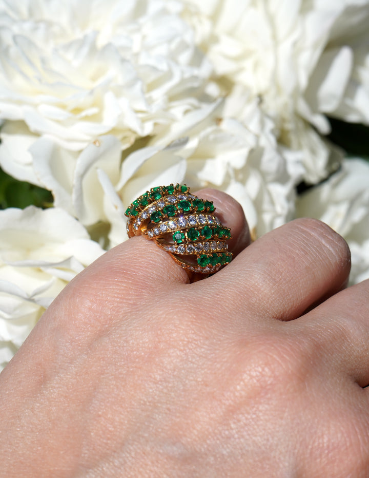 Vintage Asprey & Co. 18k Gold Emerald Diamond Cluster Cocktail Ring