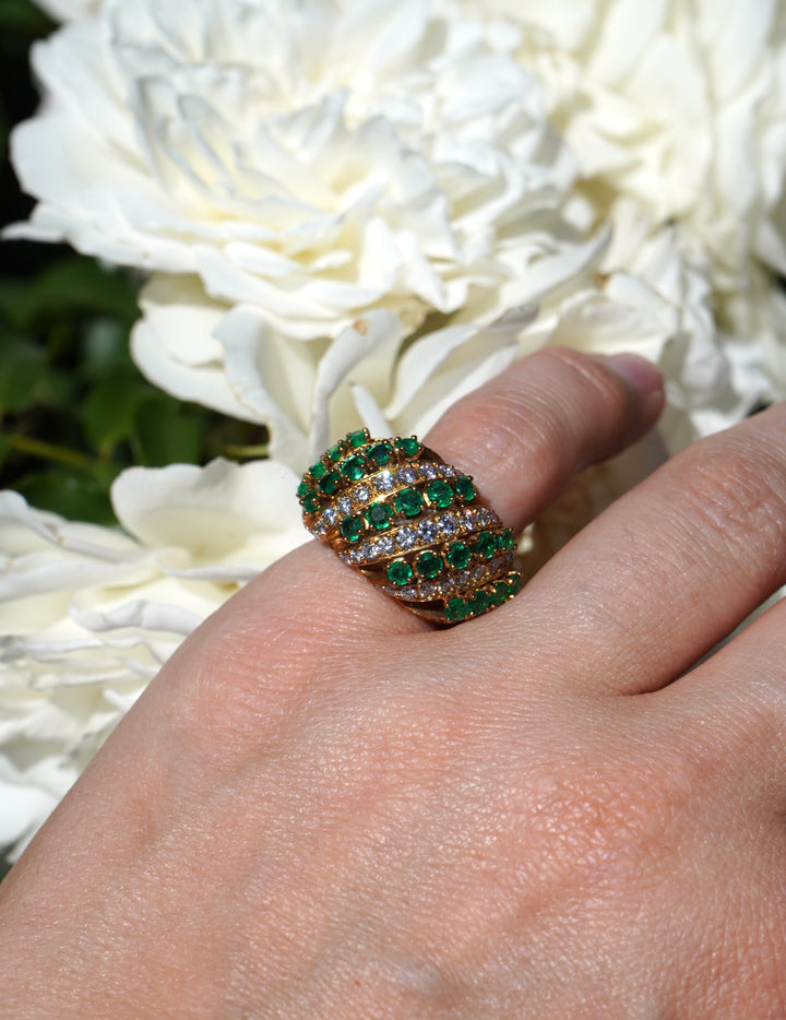 Vintage Asprey & Co. 18k Gold Emerald Diamond Cluster Cocktail Ring