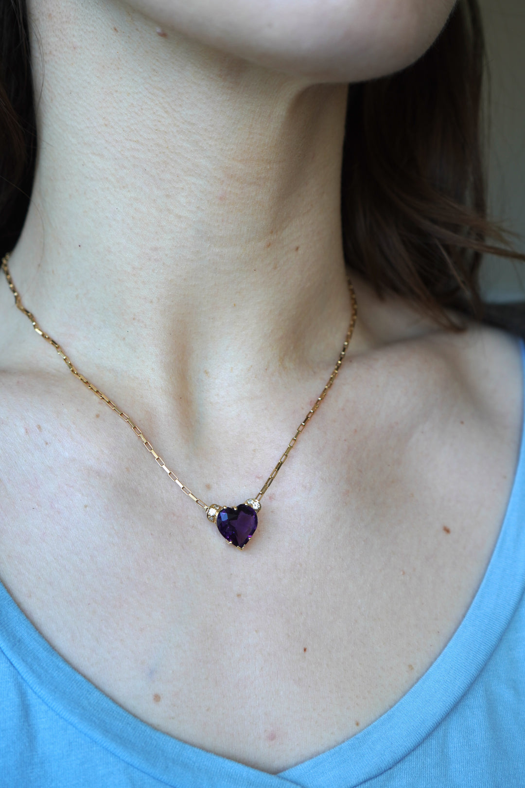 UnoAErre Italian 14k Gold Diamond Amethyst Heart Pendant Necklace