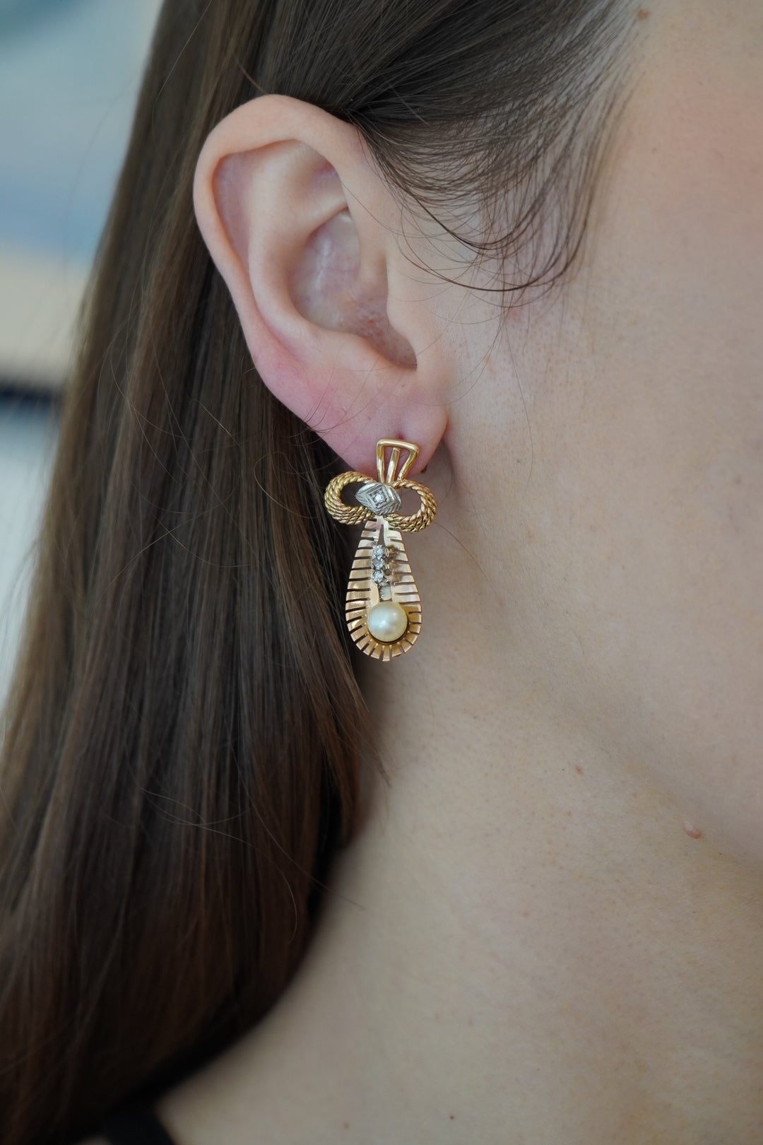 Retro 14k Tri Color Gold Diamond & Pearl Earrings Circa 1940s