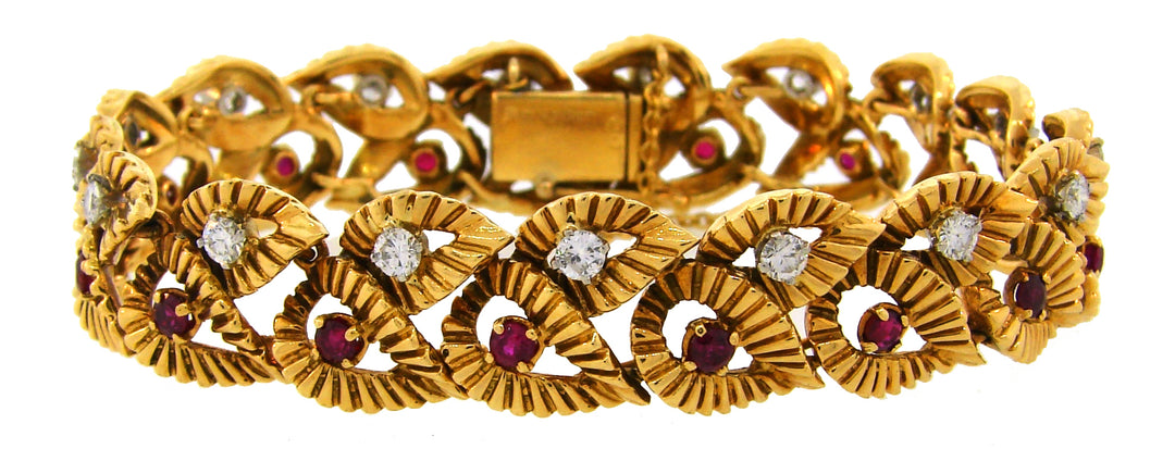 Vintage Boucheron Ruby Diamond Yellow Gold Bracelet Leaf Motif 1950s