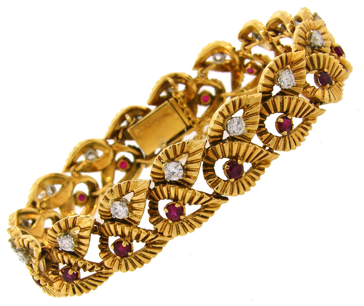 Vintage Boucheron Ruby Diamond Yellow Gold Bracelet Leaf Motif 1950s