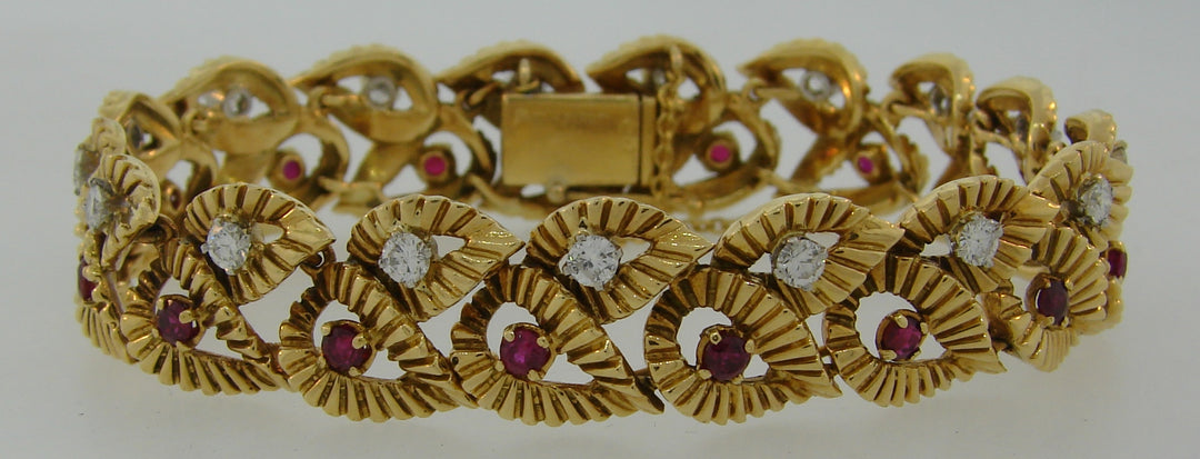 Vintage Boucheron Ruby Diamond Yellow Gold Bracelet Leaf Motif 1950s