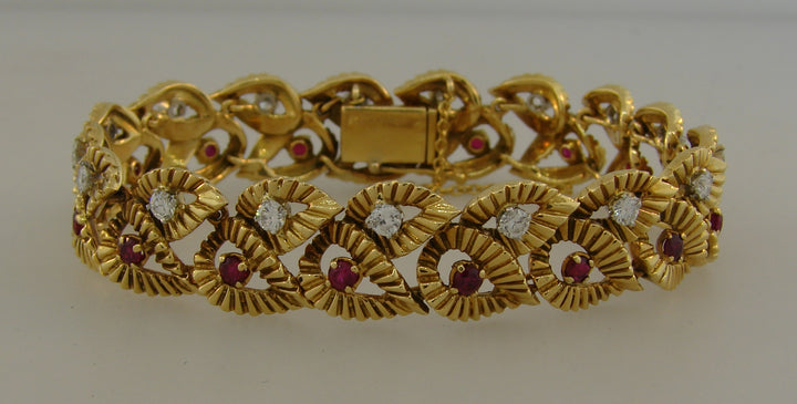 Vintage Boucheron Ruby Diamond Yellow Gold Bracelet Leaf Motif 1950s