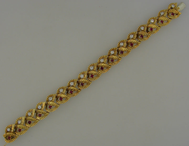 Vintage Boucheron Ruby Diamond Yellow Gold Bracelet Leaf Motif 1950s