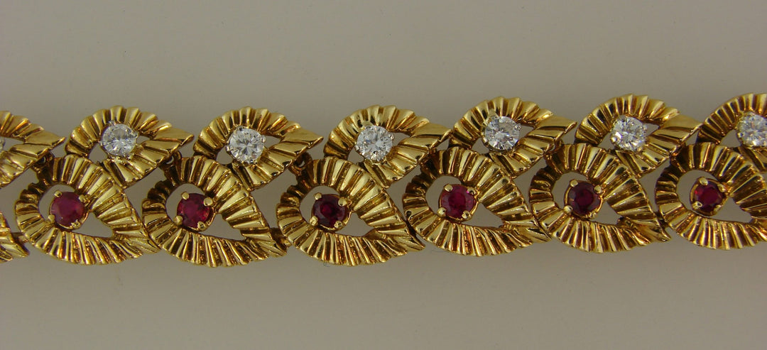 Vintage Boucheron Ruby Diamond Yellow Gold Bracelet Leaf Motif 1950s