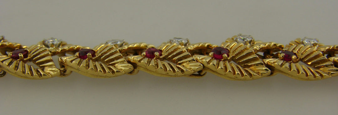 Vintage Boucheron Ruby Diamond Yellow Gold Bracelet Leaf Motif 1950s