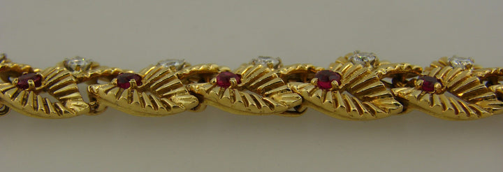 Vintage Boucheron Ruby Diamond Yellow Gold Bracelet Leaf Motif 1950s