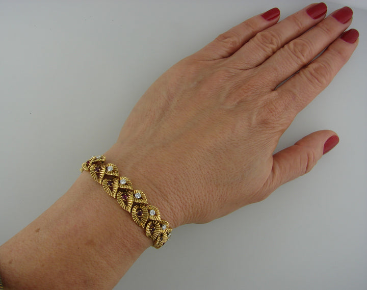 Vintage Boucheron Ruby Diamond Yellow Gold Bracelet Leaf Motif 1950s