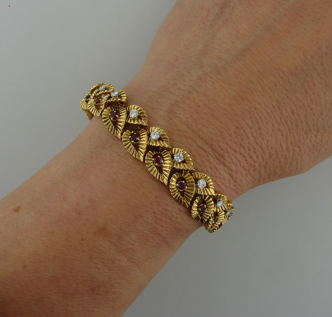 Vintage Boucheron Ruby Diamond Yellow Gold Bracelet Leaf Motif 1950s