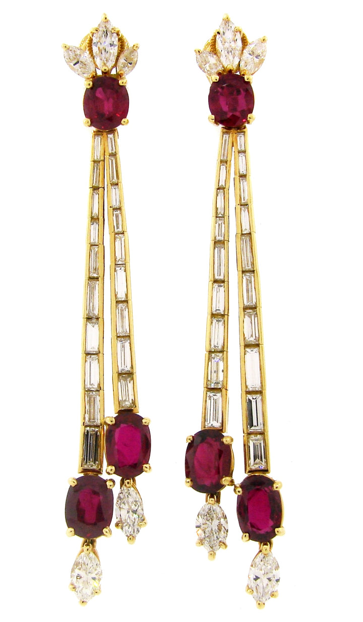 Vintage Ruby Diamond Yellow Gold Dangle Earrings French