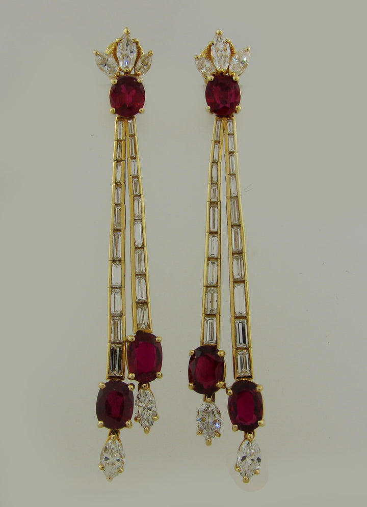 Vintage Ruby Diamond Yellow Gold Dangle Earrings French