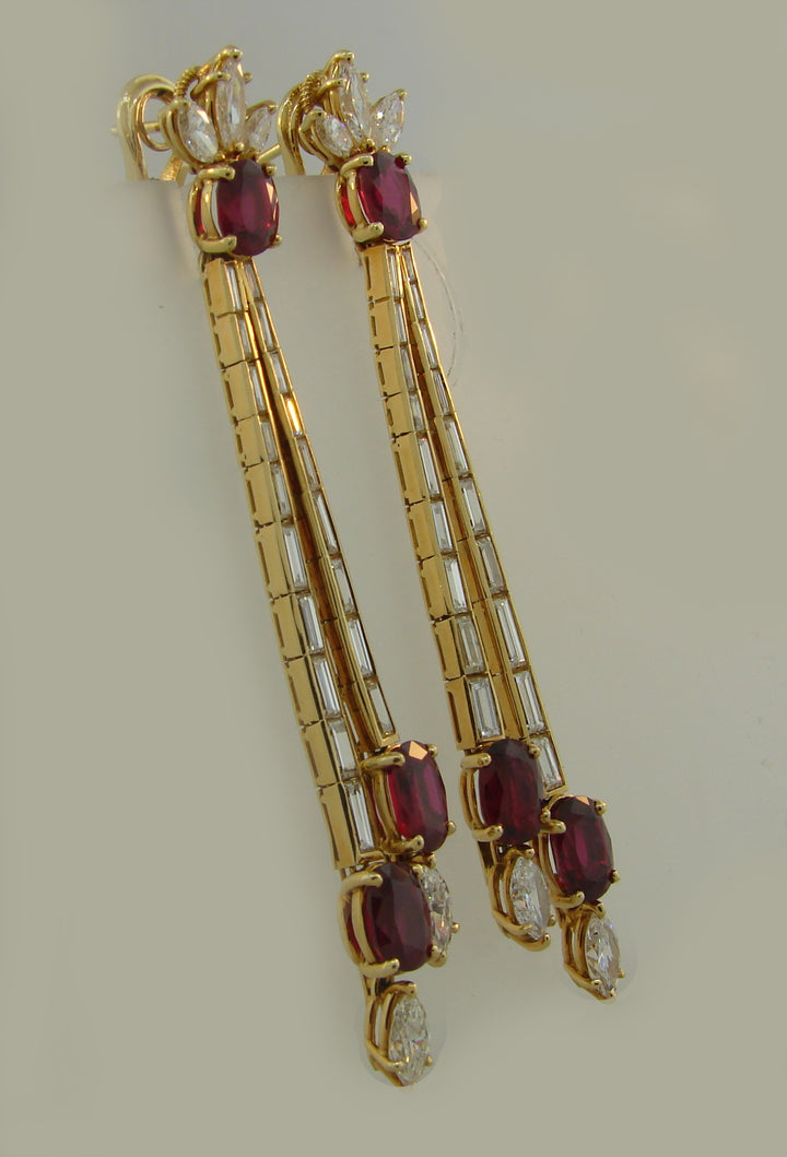 Vintage Ruby Diamond Yellow Gold Dangle Earrings French