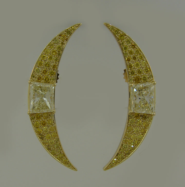 Vintage Fancy Yellow Diamond Gold Crescent Earrings