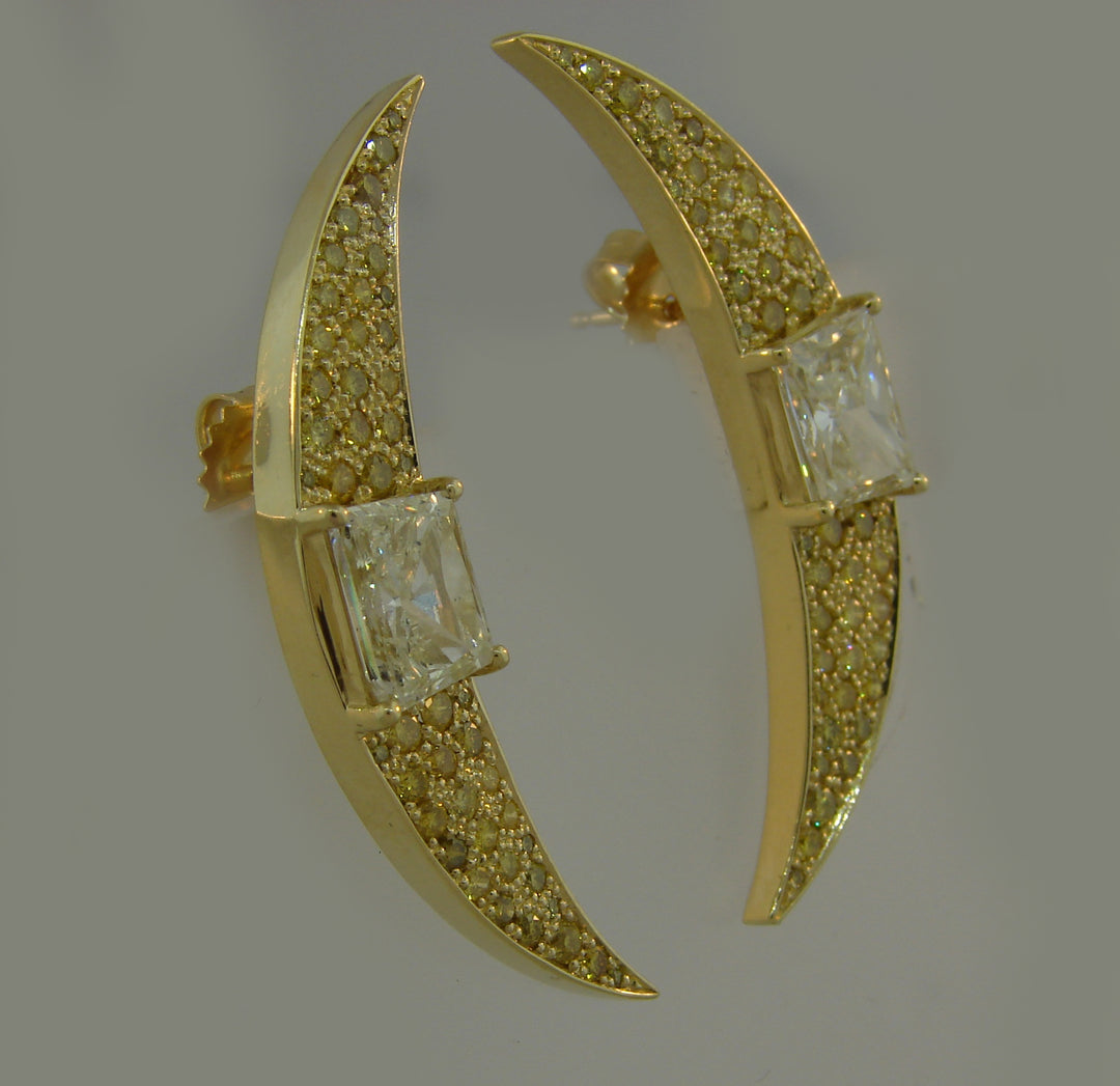 Vintage Fancy Yellow Diamond Gold Crescent Earrings