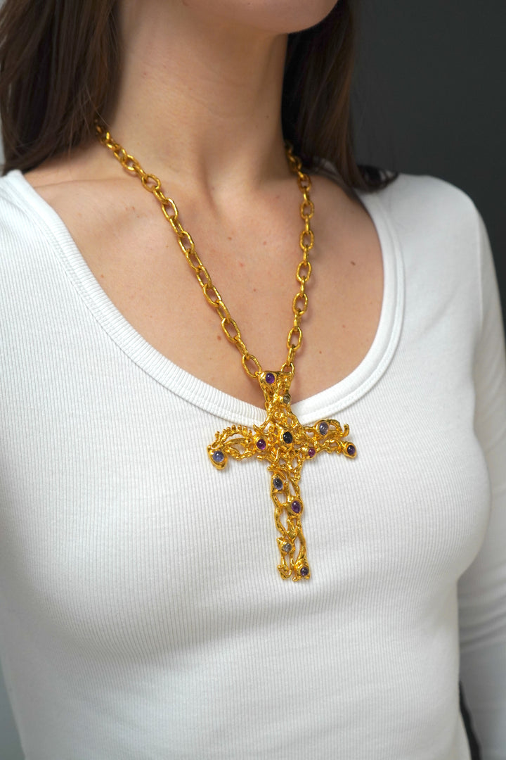 Vintage Jean Mahie 22k Gold Gemstone Cross Pendant Necklace