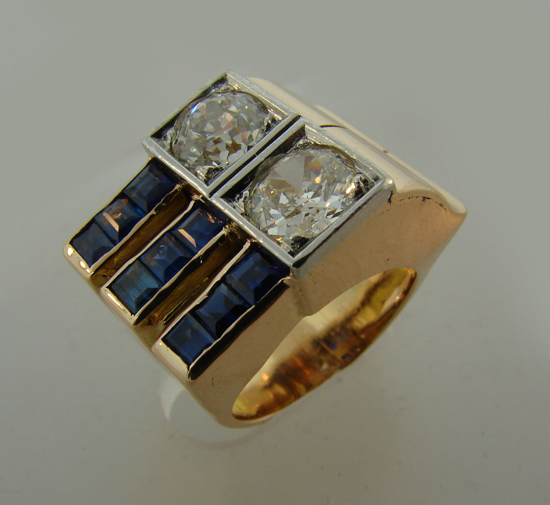 Diamond Sapphire Rose Gold Retro Ring, French 1940s