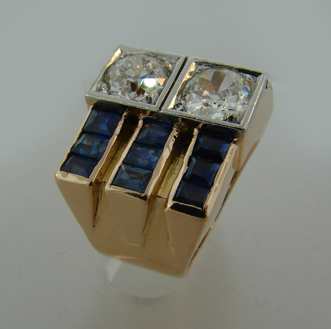 Diamond Sapphire Rose Gold Retro Ring, French 1940s