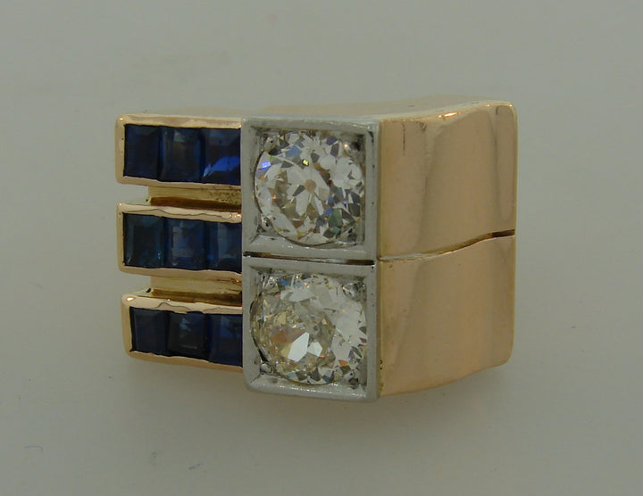 Diamond Sapphire Rose Gold Retro Ring, French 1940s