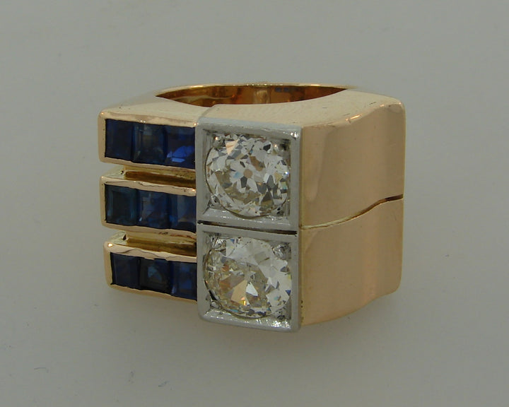 Diamond Sapphire Rose Gold Retro Ring, French 1940s