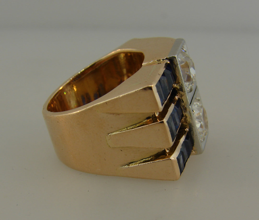 Diamond Sapphire Rose Gold Retro Ring, French 1940s