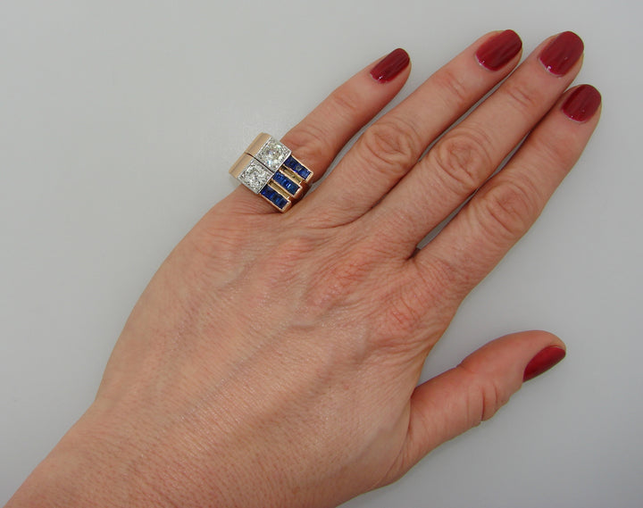 Diamond Sapphire Rose Gold Retro Ring, French 1940s