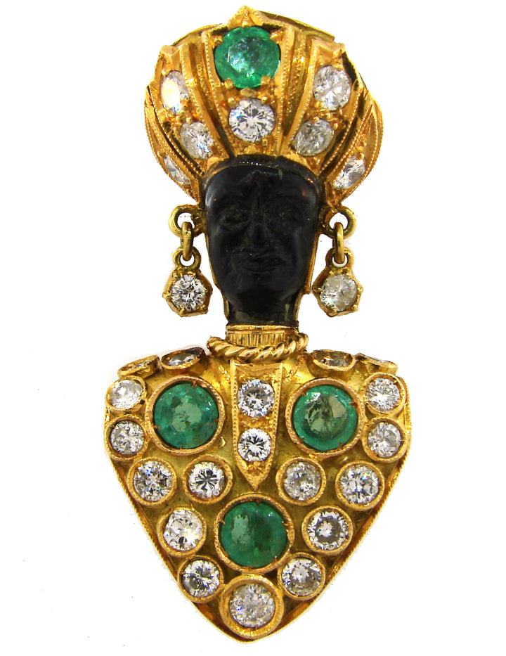 Nardi Emerald Diamond Yellow Gold Blackamoor Pin Clip Brooch 1950s