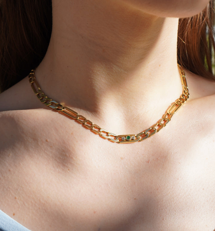 Vintage Cartier 18k Gold Emerald Diamond Chain Link Necklace