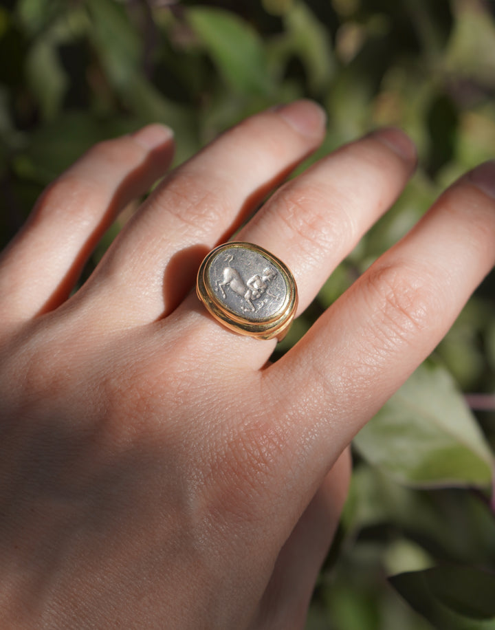 Vintage Bvlgari 18k Gold Ancient Silver Magna Grecia Centaur Bulgari Ring