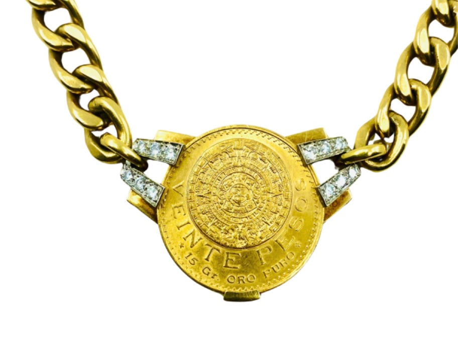 David Webb Gold Coin Necklace Diamond Veinte Pesos