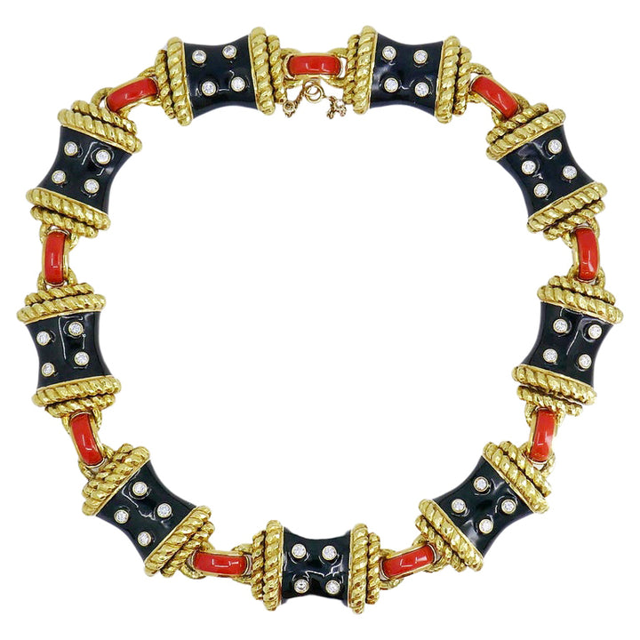 David Webb Gold Necklace Black Enamel Diamond Coral Stud