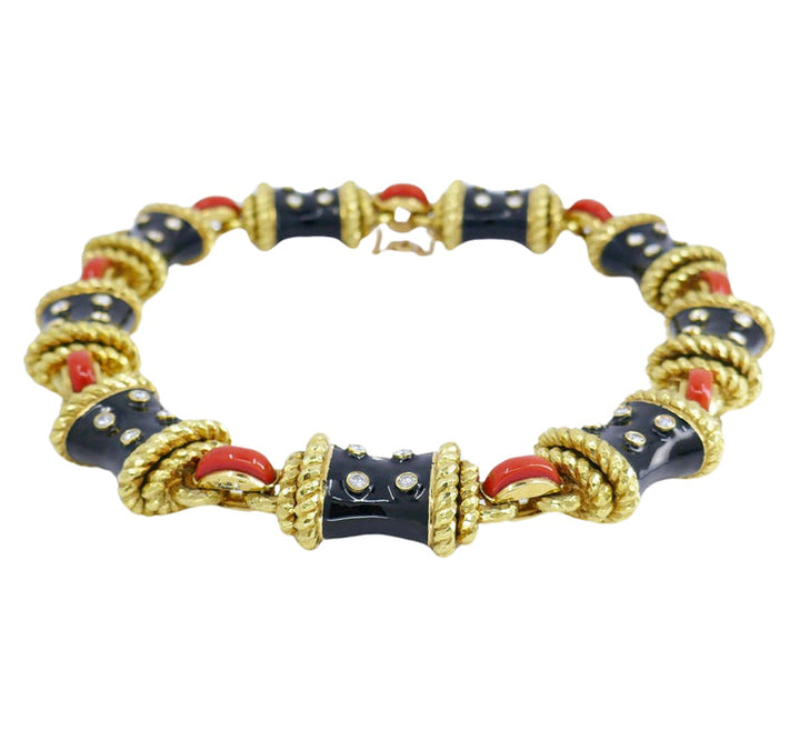 David Webb Gold Necklace Black Enamel Diamond Coral Stud