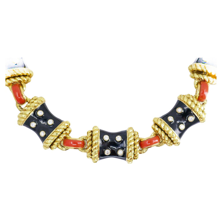 David Webb Gold Necklace Black Enamel Diamond Coral Stud