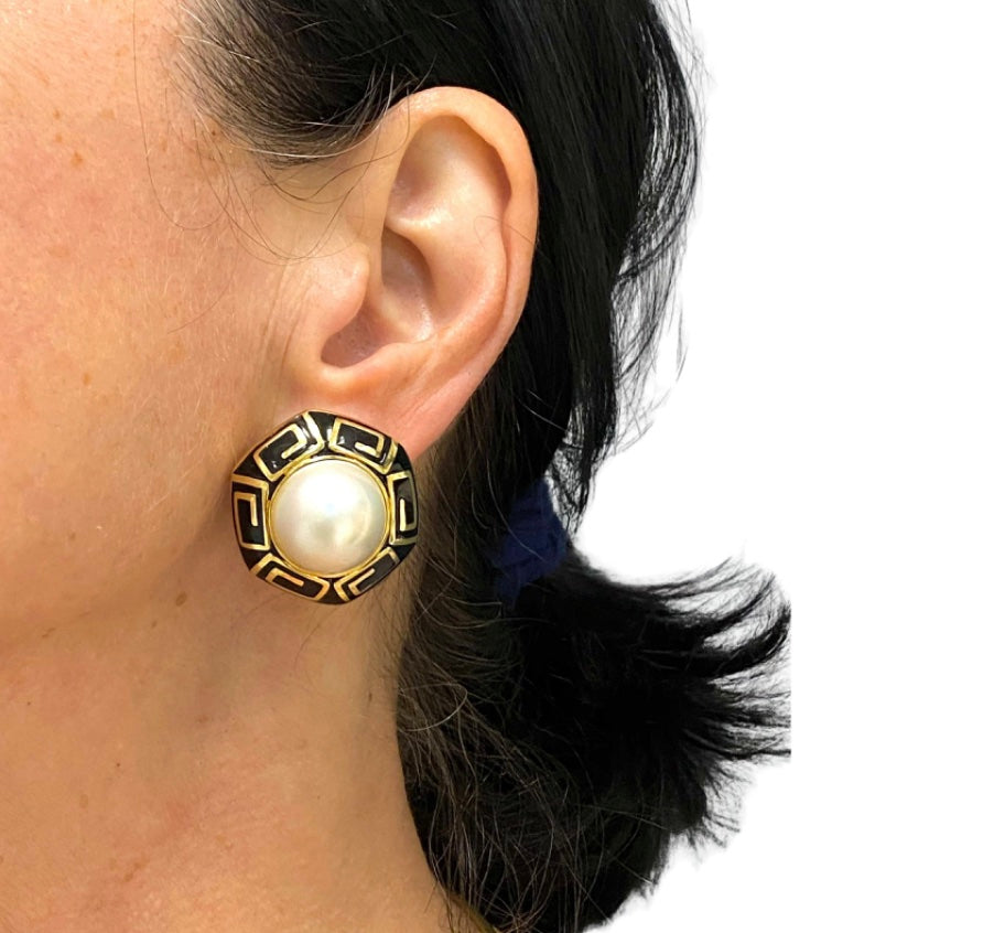 David Webb Pearl Earrings Gold Black Enamel