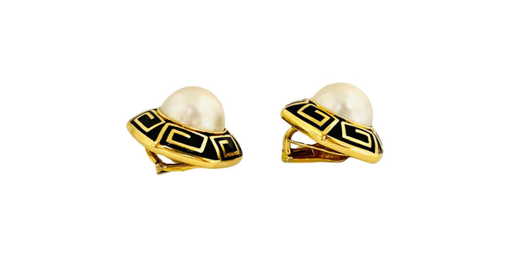 David Webb Pearl Earrings Gold Black Enamel