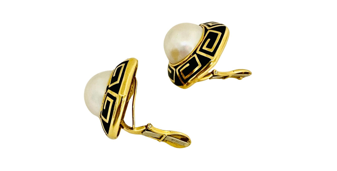 David Webb Pearl Earrings Gold Black Enamel