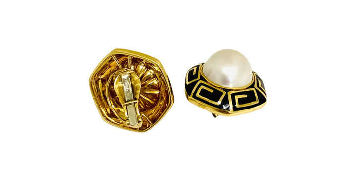 David Webb Pearl Earrings Gold Black Enamel