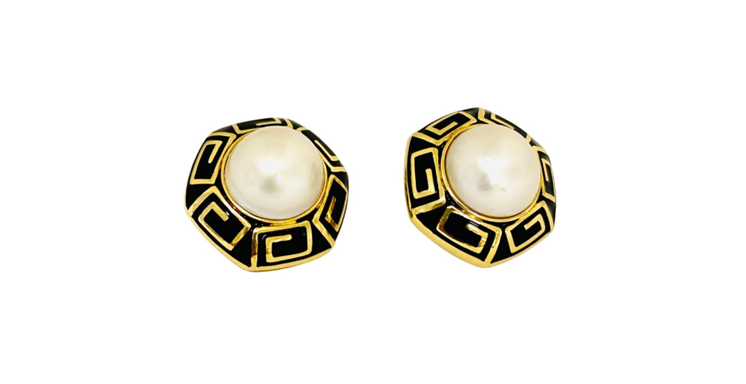 David Webb Pearl Earrings Gold Black Enamel