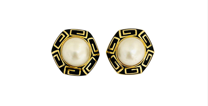 David Webb Pearl Earrings Gold Black Enamel