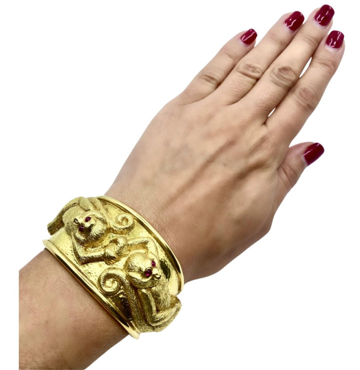 David Webb RepoussŽ Monkey Cuff 18k Gold Ruby