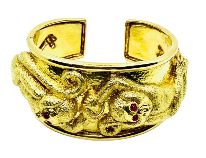 David Webb RepoussŽ Monkey Cuff 18k Gold Ruby