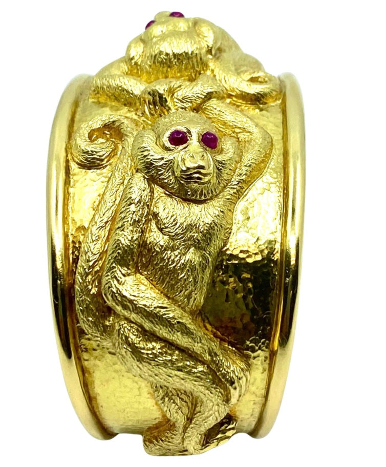 David Webb RepoussŽ Monkey Cuff 18k Gold Ruby