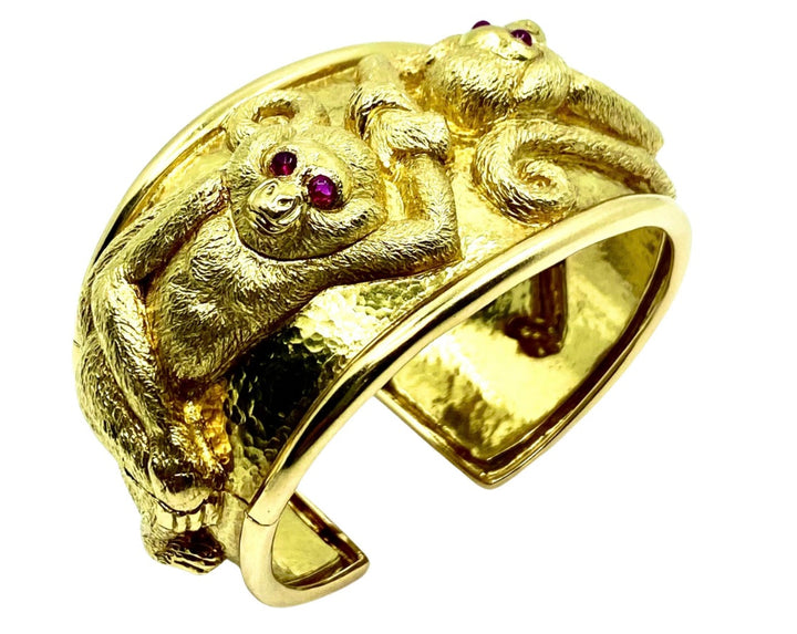 David Webb RepoussŽ Monkey Cuff 18k Gold Ruby