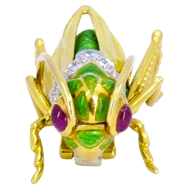 David Webb Vintage Brooch Gold Grasshopper Enamel Gemstones