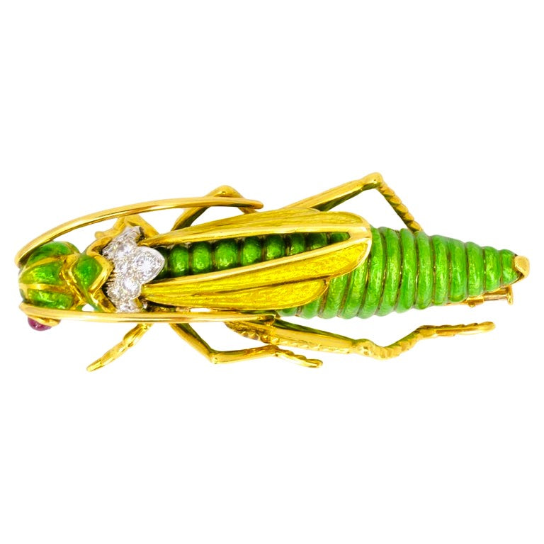 David Webb Vintage Brooch Gold Grasshopper Enamel Gemstones