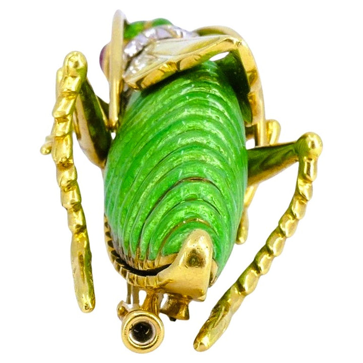 David Webb Vintage Brooch Gold Grasshopper Enamel Gemstones