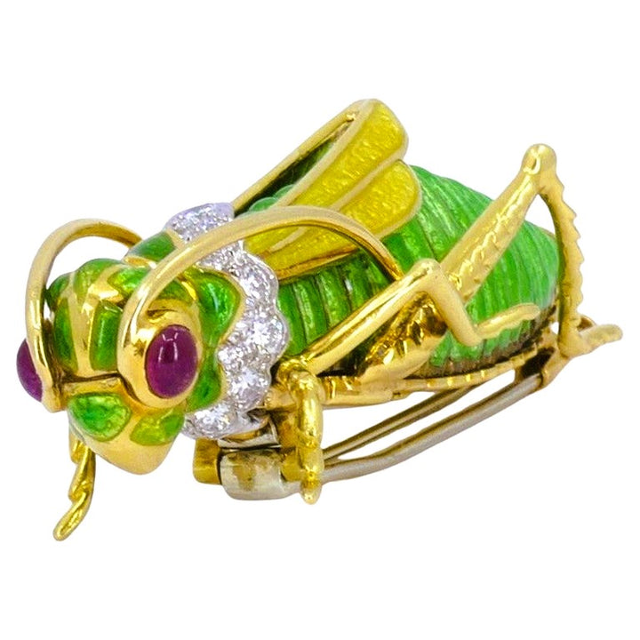 David Webb Vintage Brooch Gold Grasshopper Enamel Gemstones