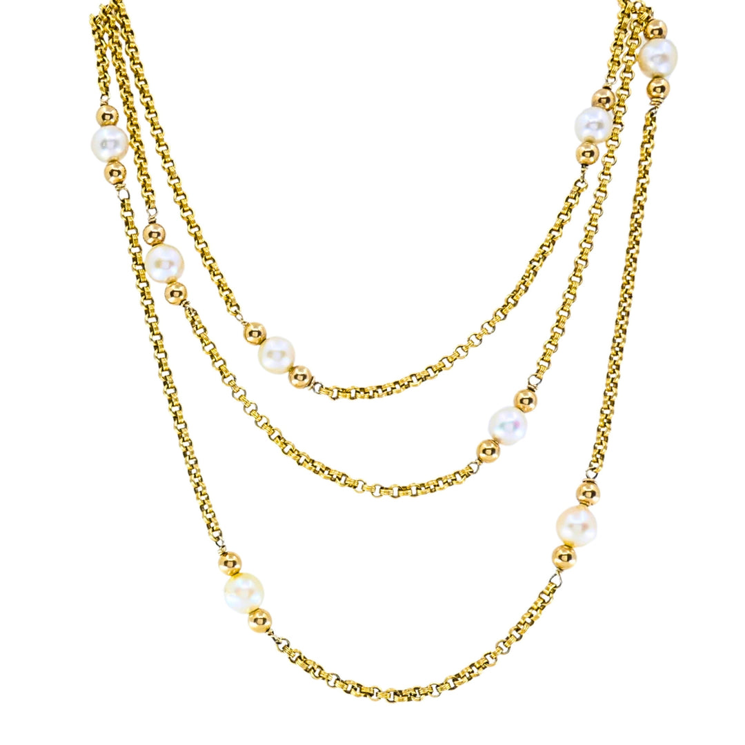 Vintage 10k Gold Cultured Pearl Long Chain Station Necklace